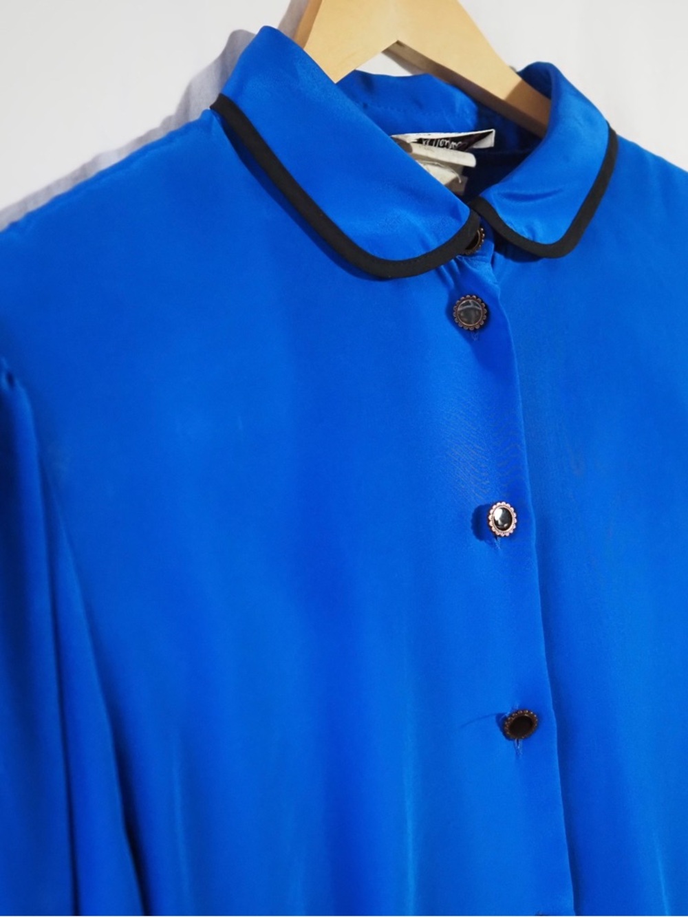 Bright Royal Blue Button-Up Blouse with Black Trim
